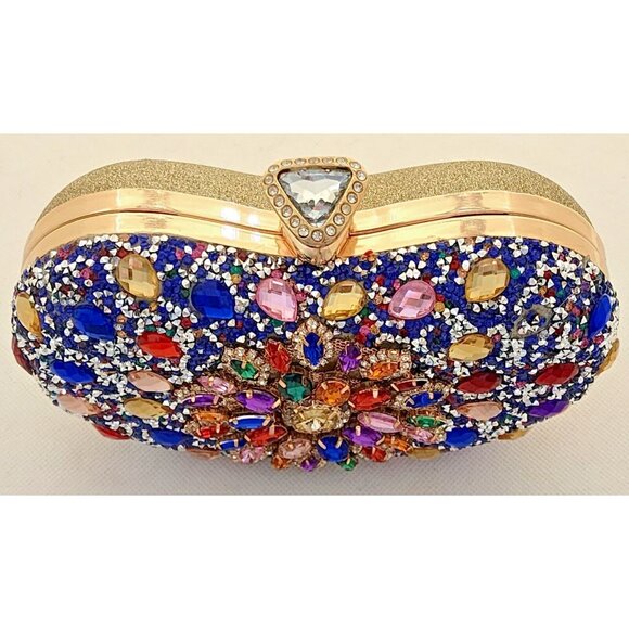 PURSE/CLUTCH-Encrusted in Rhinestones on Front-Gold Back-Shoulder Chain-Clutch - Picture 2 of 16